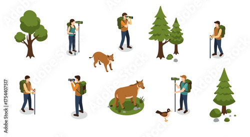 Isometric nature hikers observing wildlife in forest adventure scene