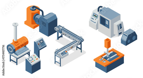 Modern industrial machinery in isometric style for manufacturing and production