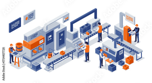 Isometric manufacturing process with automated conveyor systems and workers