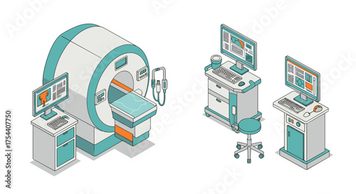 Modern isometric mri scanner and computer workstations in medical facility