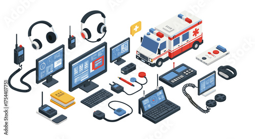 Emergency medical equipment and technology in isometric design