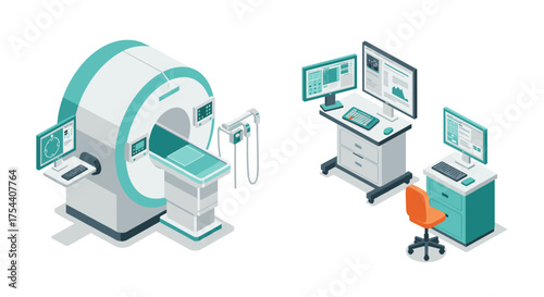 Modern isometric mri scanner room with equipment desks and monitors