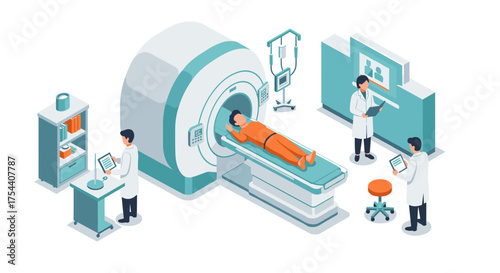 Isometric medical scene with mri machine and healthcare professionals