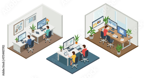 Modern isometric home office spaces with people working on computers in minimalist interiors