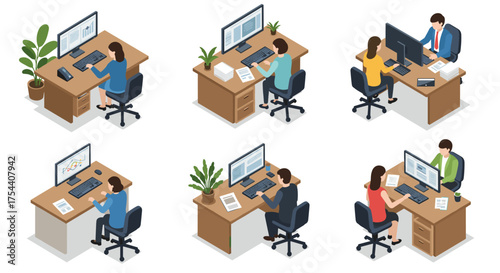 Isometric office desk setup with professionals at work