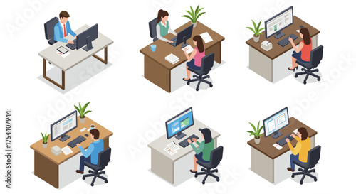 Diverse office workspaces in isometric style for modern business concepts