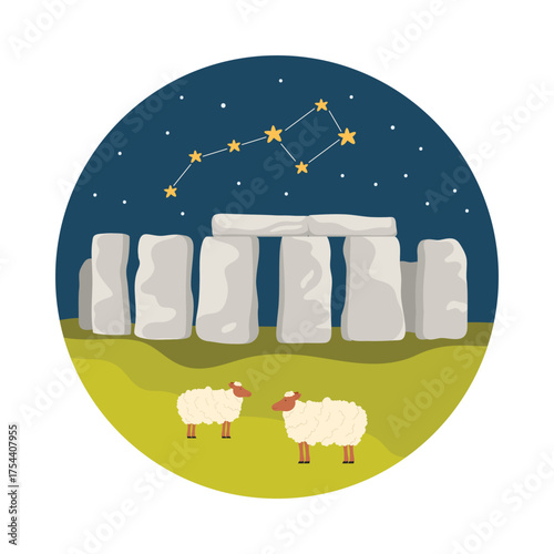 Isolated round vector of Stonehenge at night with sheep and constellation in the sky vector illustration