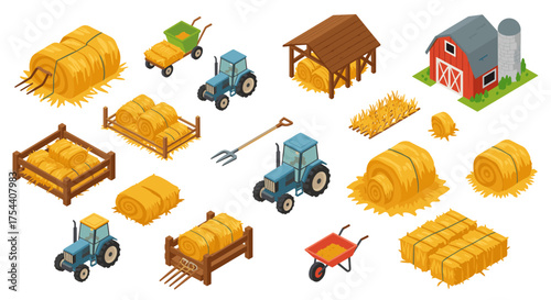 Isometric farm equipment and hay bales collection for agricultural designs