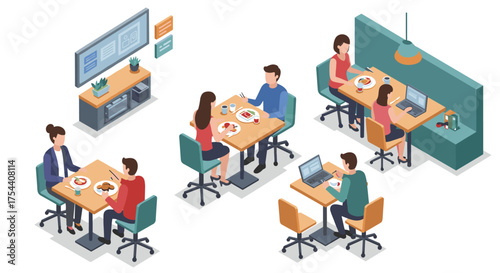 Busy office cafeteria scene with colleagues dining and working together in modern isometric style