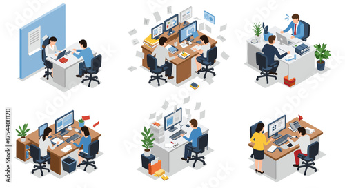 Isometric office scenes featuring diverse workstation setups and collaborative environments