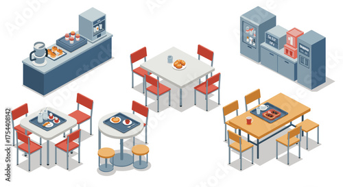 Modern isometric cafeteria layout with dining tables and food stations