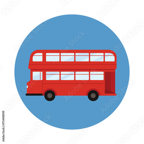 Isolated round icon of a traditional British double decker bus on blue background vector illustration