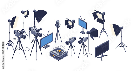 Essential equipment for modern media production in an isometric style