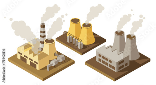 Isometric industrial buildings with smokestacks and cooling towers