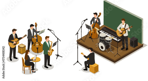 Isometric jazz band rehearsal with instruments and musicians in concert setup