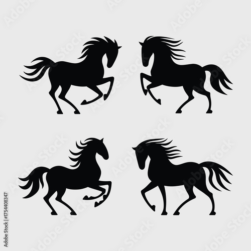 Majestic horse silhouettes vector illustration scalable eps icon set four galloping and running horses silhouette vector illustration white background