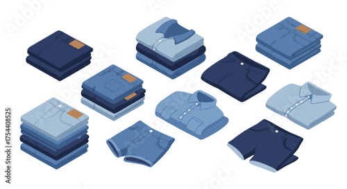 Isometric clothing icons: folded shirts, jeans, and shorts in neat arrangements
