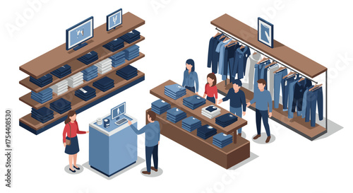 Modern isometric clothing store layout with customers and digital displays