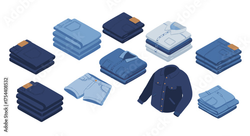 Isometric denim apparel collection featuring shirts, pants, and jackets