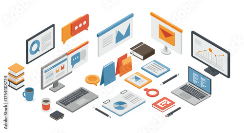 Modern office workspace with isometric digital devices and books