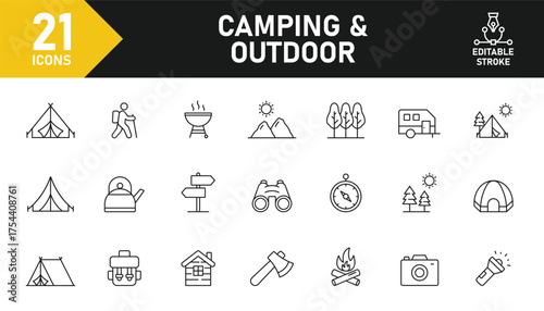 Camping and hiking line icon set. Set of 21 outline icons related to tent, camping, hiking, adventure, nature, vacation, campfire and others. Editable stroke. Vector illustration.
