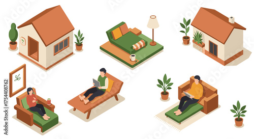 Cozy home interiors and relaxation spaces in isometric style