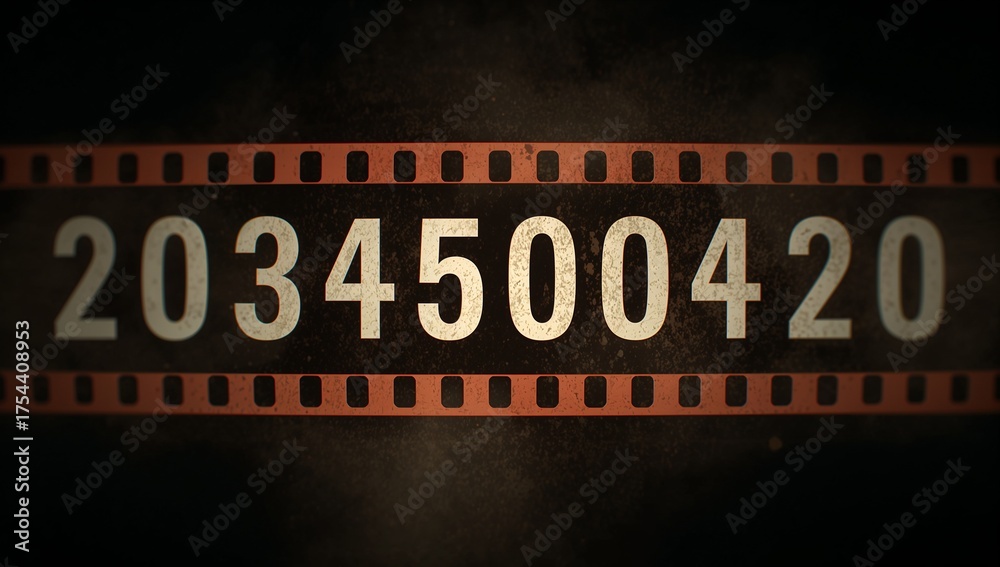 Fototapeta premium Showing reddish-brown film strip spanning textured backdrop, with sprocket holes, digits 2034500420