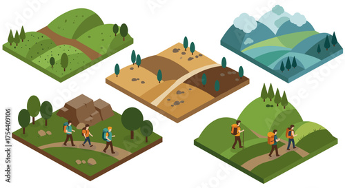 Isometric hiking scenes showcasing diverse landscapes and outdoor adventures