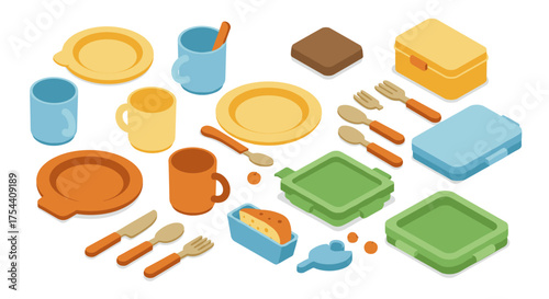 Colorful isometric kitchenware set with plates, utensils, and lunchboxes for meal prep