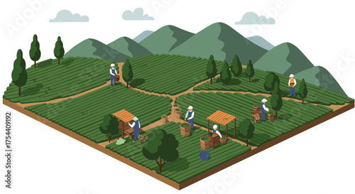 Isometric farm landscape with harvesting workers in mountainous background