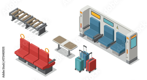 Isometric train interior with seats and luggage