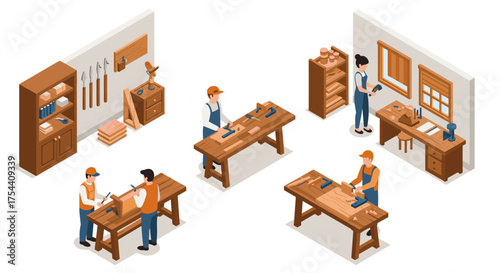 Isometric workshop scene with carpenters crafting furniture in a woodworking studio