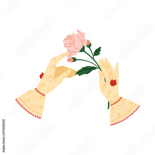 Elegant Victorian female hands in patterned gloves delicately holding a pink rose on isolated background vector illustration