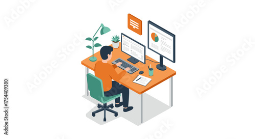 Isometric workspace: man on computer with dual screens and office plants