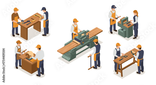 Isometric workshop: woodworking crafts and carpentry tools in action