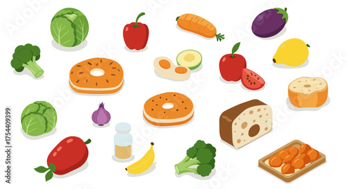 Colorful collection of fresh and baked food items in modern isometric style