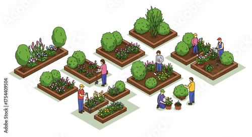 Isometric community garden with people tending raised flower beds