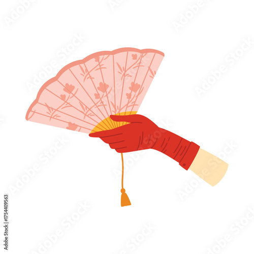 Isolated elegant Victorian female hand in red glove holding decorative floral fan vector illustration