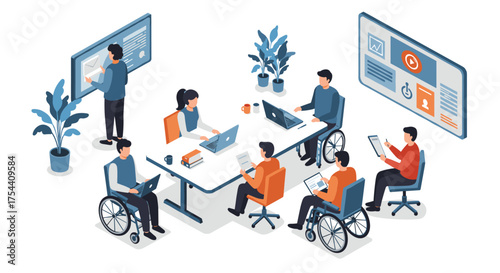 Diverse team collaborating in modern office setting with technology and accessibility focus