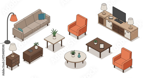 Isometric living room furniture set with sofa, armchairs, and decor elements