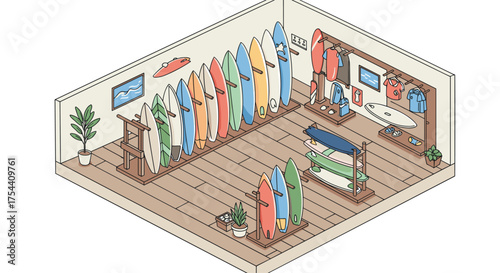 Isometric surf shop interior with boards and gear displayed on racks and shelves