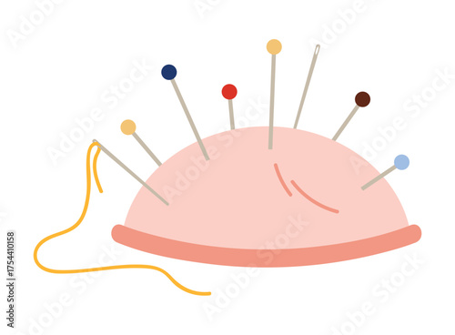 Simple isolated Victorian style pin cushion with colorful pins and needle for sewing vector illustration