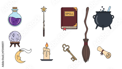 Enchanted Artefacts: A vibrant collection of magical artifacts awaits, featuring a potion bottle, mystical wand, spellbook, cauldron, crystal ball, crescent moon charm, candle, old key.
