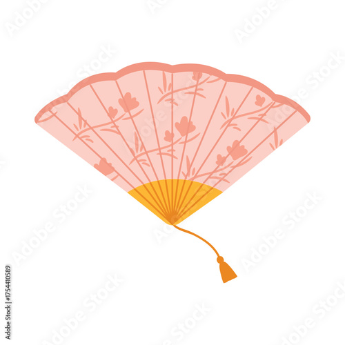 Elegant Victorian era hand fan with floral pattern isolated on white background vector illustration