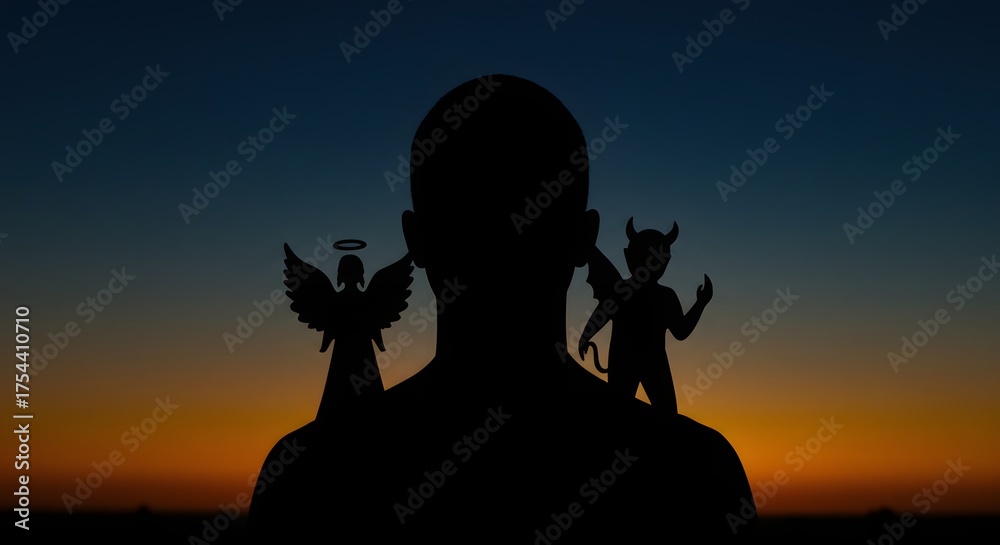 Fototapeta premium Silhouette scene of angel and devil figures debating beside a person under dramatic sunset light, symbolizing good versus evil.