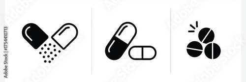 Minimalist vector icons of pharmaceutical pills and capsules for healthcare and medicine designs silhouette vector illustration white background