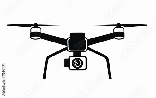 Vector illustration of a quadcopter drone with camera for aerial photography and videography silhouette vector illustration white background