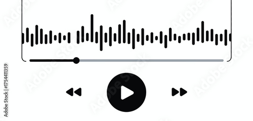 Scalable vector graphic audio player interface with playback controls and sound waveform silhouette vector illustration white background