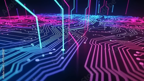 Futuristic Circuit Board with Glowing Neon Lines and Digital Data Flow.
