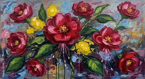 Oil painting of a bouquet of red and yellow flowers